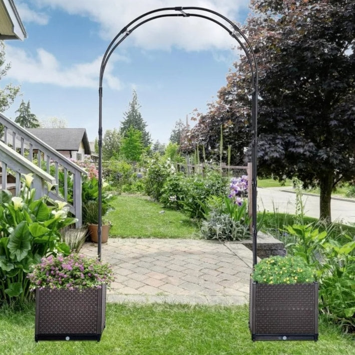 8ft Decorative Metal Garden Arbor Arch Pergola Trellis w Rattan Planter Boxes, Black & Brown