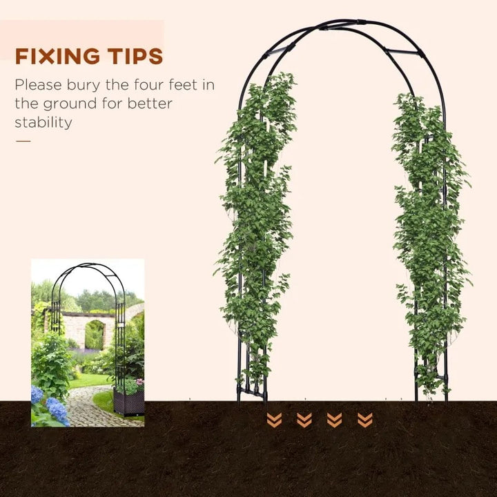 8ft Decorative Metal Garden Arbor Arch Pergola Trellis w Rattan Planter Boxes, Black & Brown