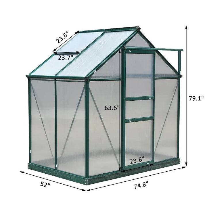 6.2' x 4.3' x 6.6' Walk-in Aluminum PC Hard Sided Outdoor Garden Greenhouse w Door, Foundation