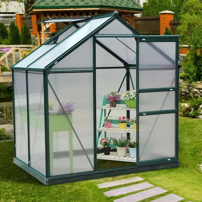 6.2' x 4.3' x 6.6' Walk-in Aluminum PC Hard Sided Outdoor Garden Greenhouse w Door, Foundation