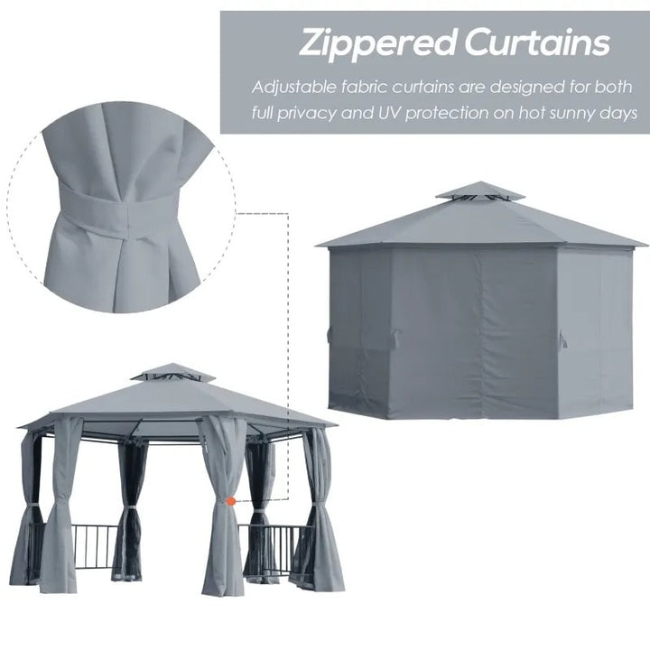 13' Hexagonal Gazebo Canopy Shelter, Tiered Fabric Roof, Rails, Curtains, Netting, Black & Grey