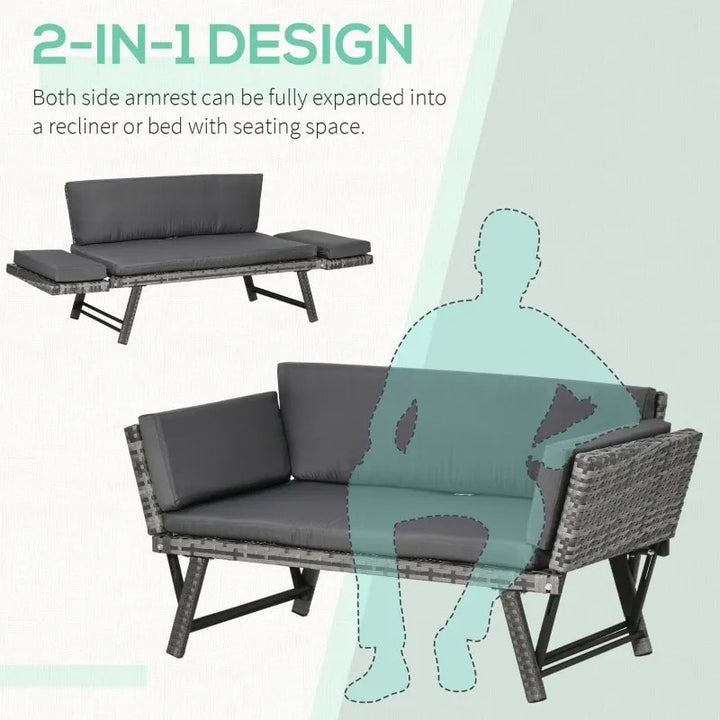 Convertible PE Rattan Wicker Chaise Lounger Loveseat Sofa Futon Bed Outdoor Patio Deck, Grey