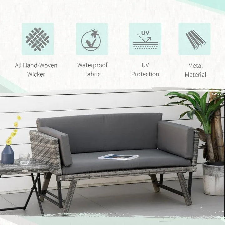 Convertible PE Rattan Wicker Chaise Lounger Loveseat Sofa Futon Bed Outdoor Patio Deck, Grey