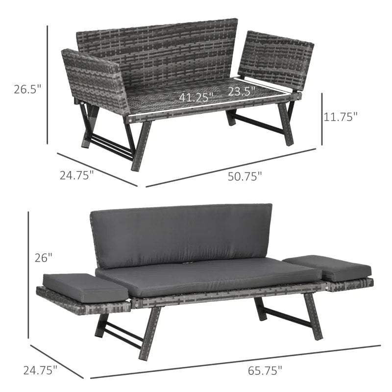 Convertible PE Rattan Wicker Chaise Lounger Loveseat Sofa Futon Bed Outdoor Patio Deck, Grey
