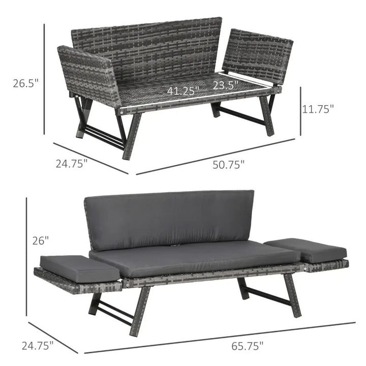 Convertible PE Rattan Wicker Chaise Lounger Loveseat Sofa Futon Bed Outdoor Patio Deck, Grey