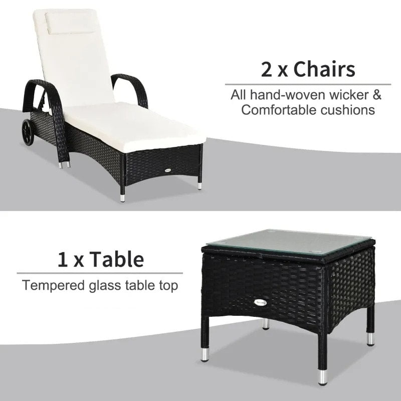 3pc PE Rattan Wicker Sun Lounger Recliner Patio Deck Chaise Set w/ Table, Wheels - Black, White