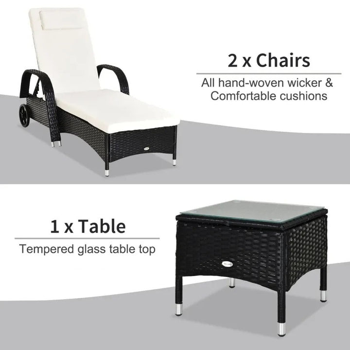 3pc PE Rattan Wicker Sun Lounger Recliner Patio Deck Chaise Set w/ Table, Wheels - Black, White