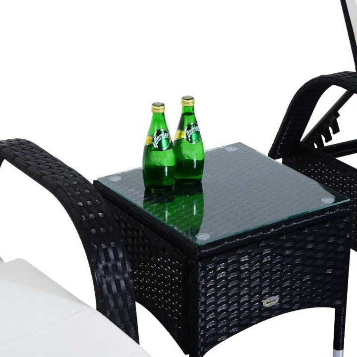 3pc PE Rattan Wicker Sun Lounger Recliner Patio Deck Chaise Set w/ Table, Wheels - Black, White