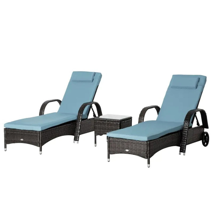 3pc PE Rattan Wicker Sun Lounger Recliner Patio Deck Chaise Set w Table, Wheels, Grey, Brown