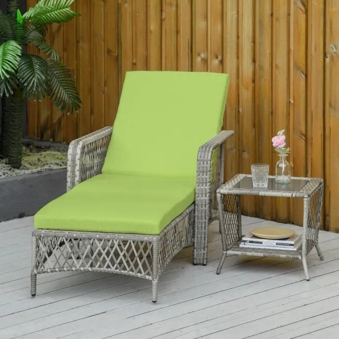 2pc PE Rattan Wicker Sun Lounger Recliner Patio Deck Chaise Chair w Table – Grey w Lime Green