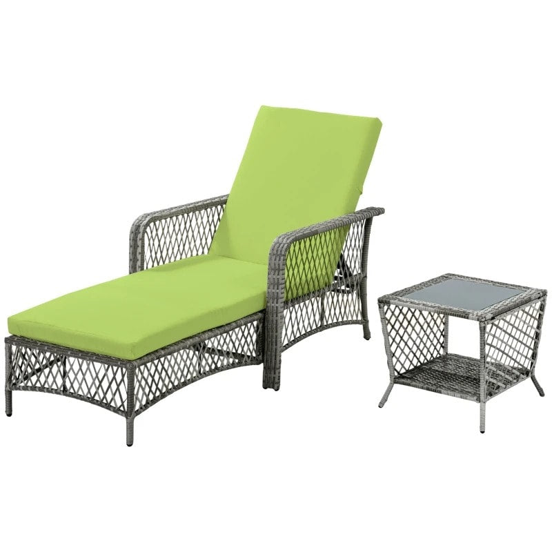 2pc PE Rattan Wicker Sun Lounger Recliner Patio Deck Chaise Chair w Table – Grey w Lime Green