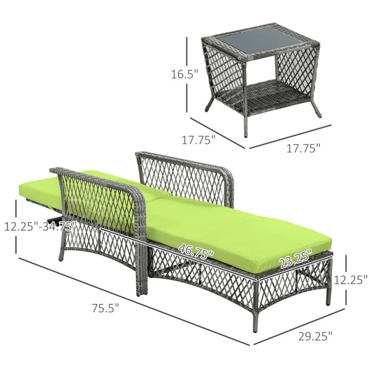 2pc PE Rattan Wicker Sun Lounger Recliner Patio Deck Chaise Chair w Table – Grey w Lime Green
