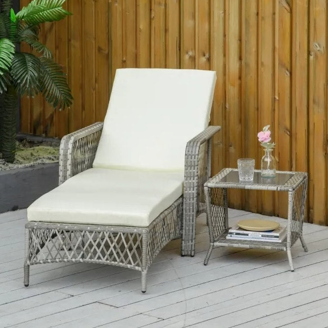 2pc PE Rattan Wicker Sun Lounger Recliner Patio Deck Chaise Chair w Table – Grey w Cream White
