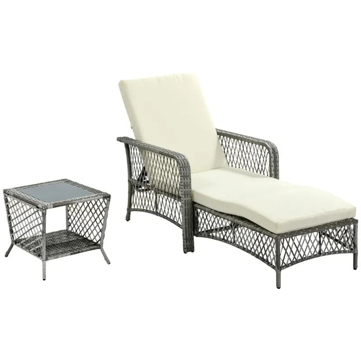 2pc PE Rattan Wicker Sun Lounger Recliner Patio Deck Chaise Chair w Table – Grey w Cream White
