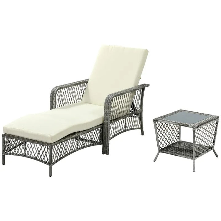 2pc PE Rattan Wicker Sun Lounger Recliner Patio Deck Chaise Chair w Table – Grey w Cream White