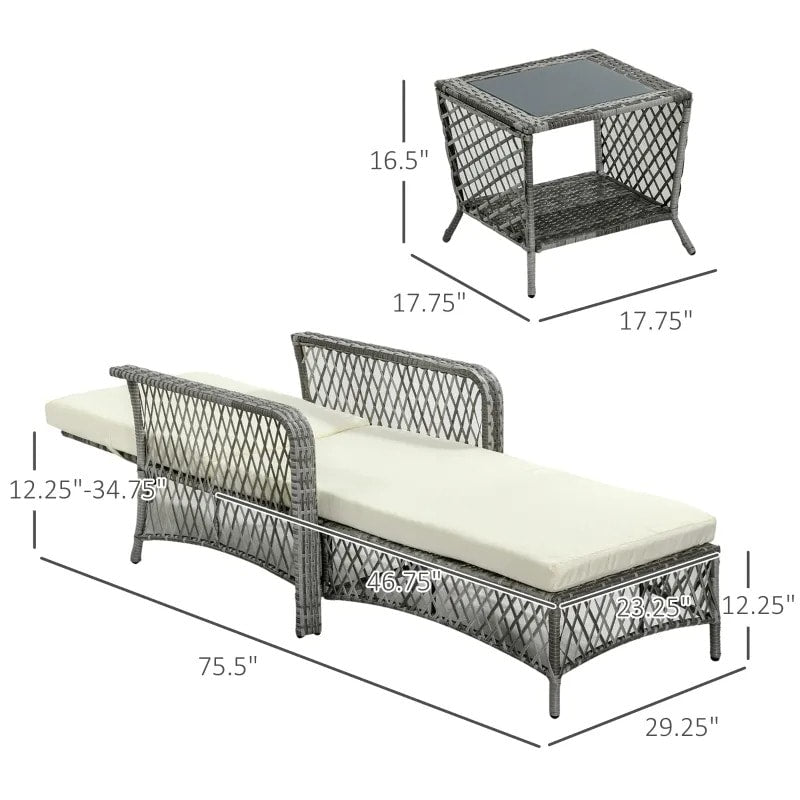 2pc PE Rattan Wicker Sun Lounger Recliner Patio Deck Chaise Chair w Table – Grey w Cream White