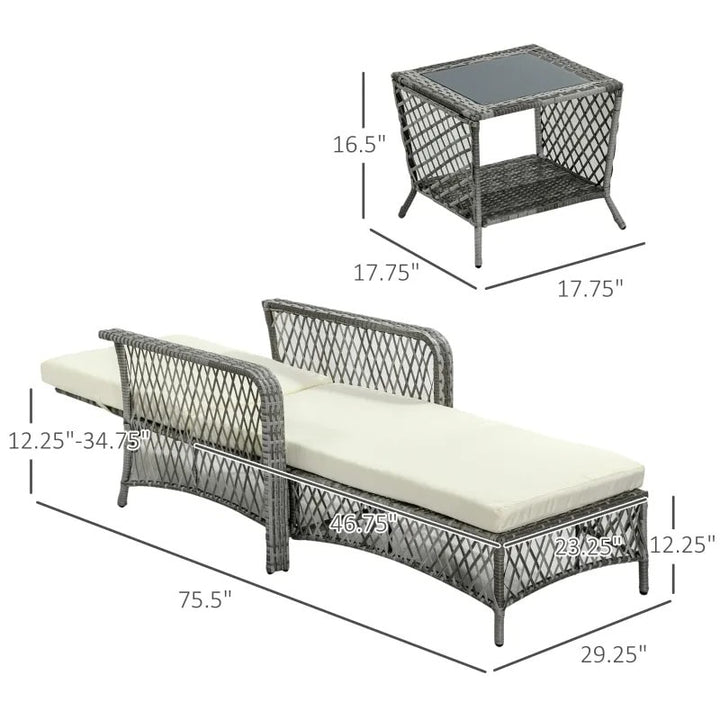 2pc PE Rattan Wicker Sun Lounger Recliner Patio Deck Chaise Chair w Table – Grey w Cream White