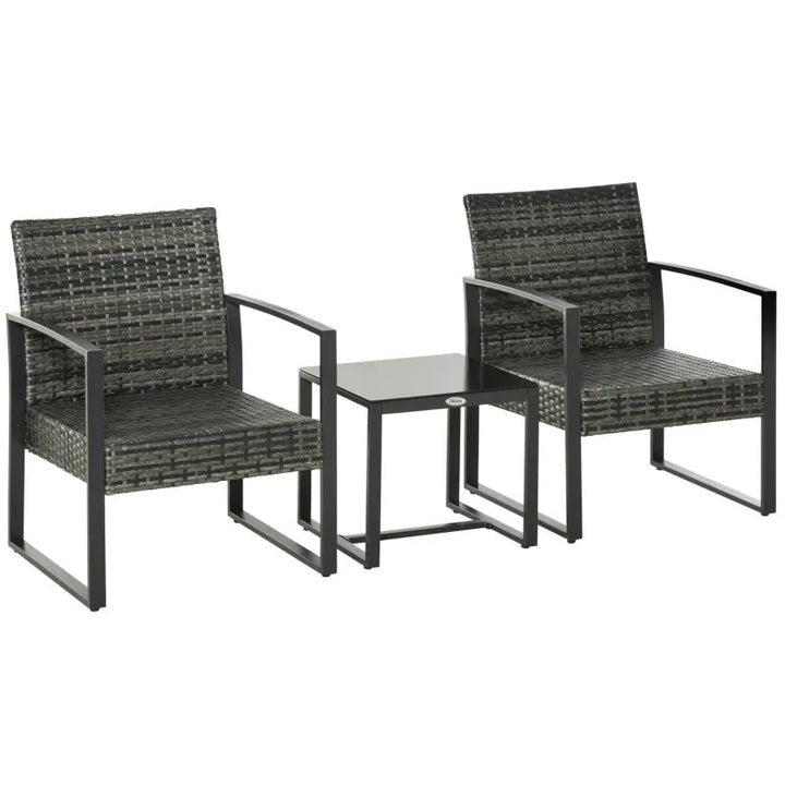 3pc PE Rattan Wicker Bistro Patio Chair Set w Glass Table, Cushions Outdoor Deck Garden - Grey
