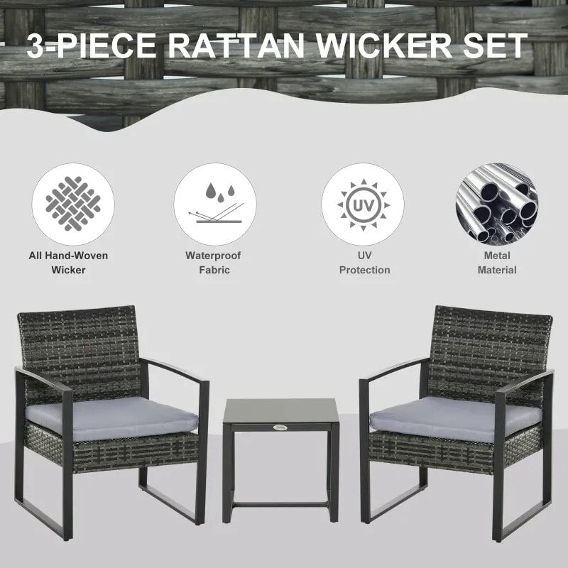 3pc PE Rattan Wicker Bistro Patio Chair Set w Glass Table, Cushions Outdoor Deck Garden - Grey