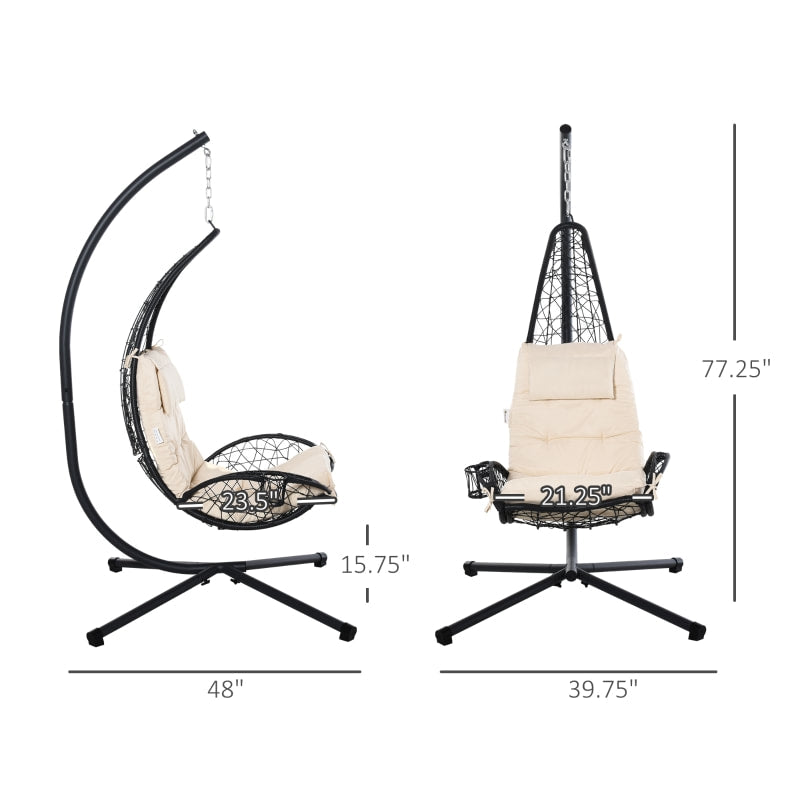 PE Rattan Wicker Swing Hammock Chair Lounger w Stand, Cushion Outdoor Patio Deck, Beige & Black
