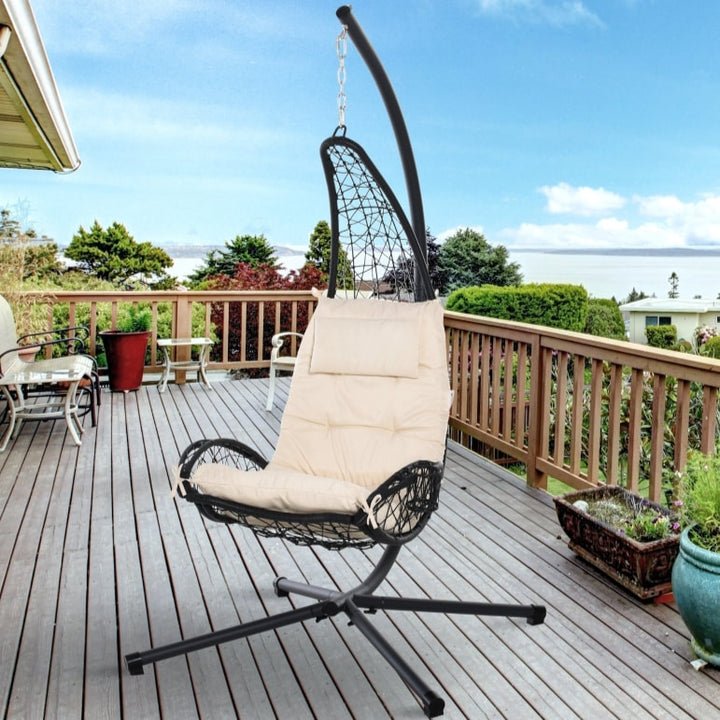 PE Rattan Wicker Swing Hammock Chair Lounger w Stand, Cushion Outdoor Patio Deck, Beige & Black