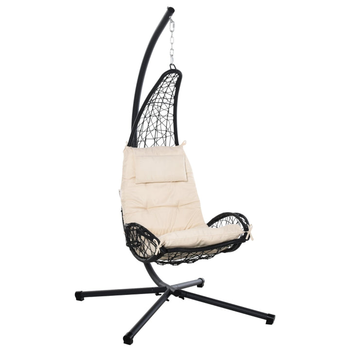 PE Rattan Wicker Swing Hammock Chair Lounger w Stand, Cushion Outdoor Patio Deck, Beige & Black