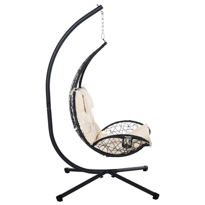 PE Rattan Wicker Swing Hammock Chair Lounger w Stand, Cushion Outdoor Patio Deck, Beige & Black