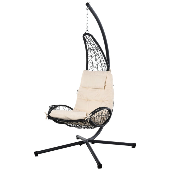 PE Rattan Wicker Swing Hammock Chair Lounger w Stand, Cushion Outdoor Patio Deck, Beige & Black