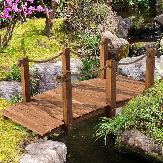 5ft Stained Fir Wood Garden Bridge Arc Walkway w Hemp Rope Rails for Yard, Pond, Stream, Brown