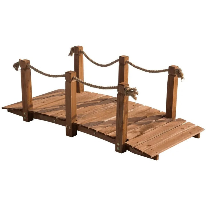 5ft Stained Fir Wood Garden Bridge Arc Walkway w Hemp Rope Rails for Yard, Pond, Stream, Brown
