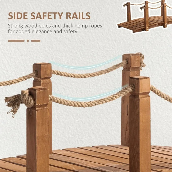 5ft Stained Fir Wood Garden Bridge Arc Walkway w Hemp Rope Rails for Yard, Pond, Stream, Brown