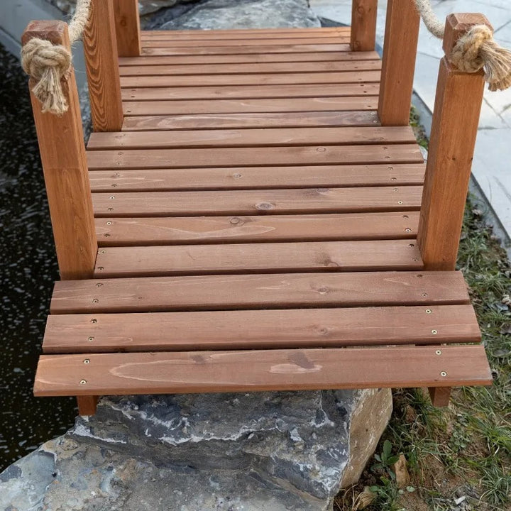 5ft Stained Fir Wood Garden Bridge Arc Walkway w Hemp Rope Rails for Yard, Pond, Stream, Brown