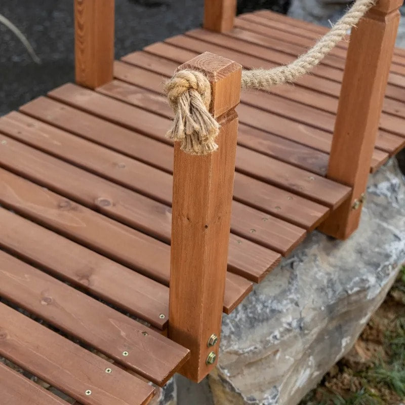 5ft Stained Fir Wood Garden Bridge Arc Walkway w Hemp Rope Rails for Yard, Pond, Stream, Brown