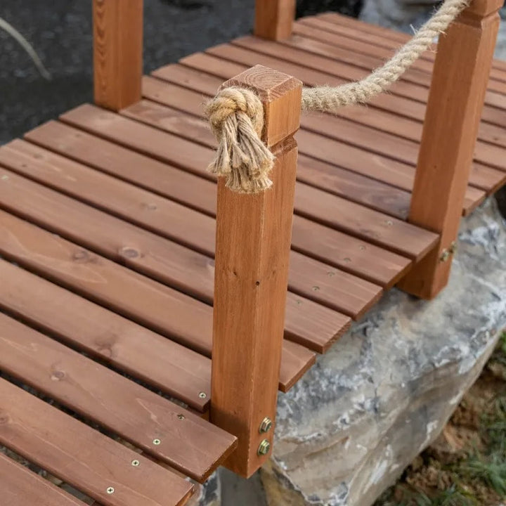 5ft Stained Fir Wood Garden Bridge Arc Walkway w Hemp Rope Rails for Yard, Pond, Stream, Brown