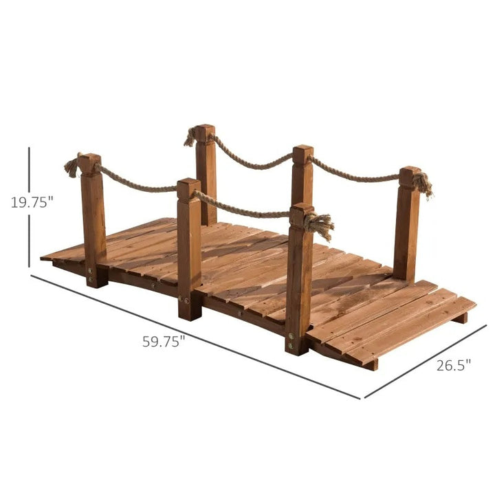 5ft Stained Fir Wood Garden Bridge Arc Walkway w Hemp Rope Rails for Yard, Pond, Stream, Brown