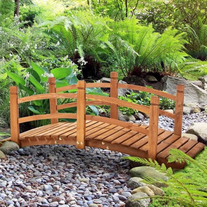 5ft Stained Fir Wood Garden Bridge Arc Walkway w Wood Guard Rails for Yard Pond Stream, Brown
