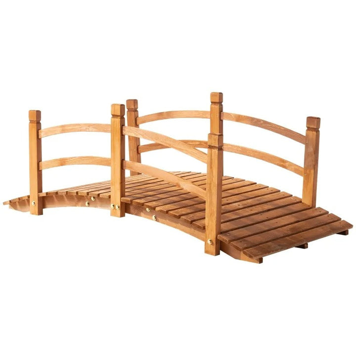 5ft Stained Fir Wood Garden Bridge Arc Walkway w Wood Guard Rails for Yard Pond Stream, Brown