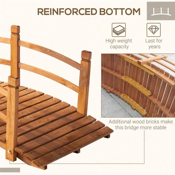 5ft Stained Fir Wood Garden Bridge Arc Walkway w Wood Guard Rails for Yard Pond Stream, Brown