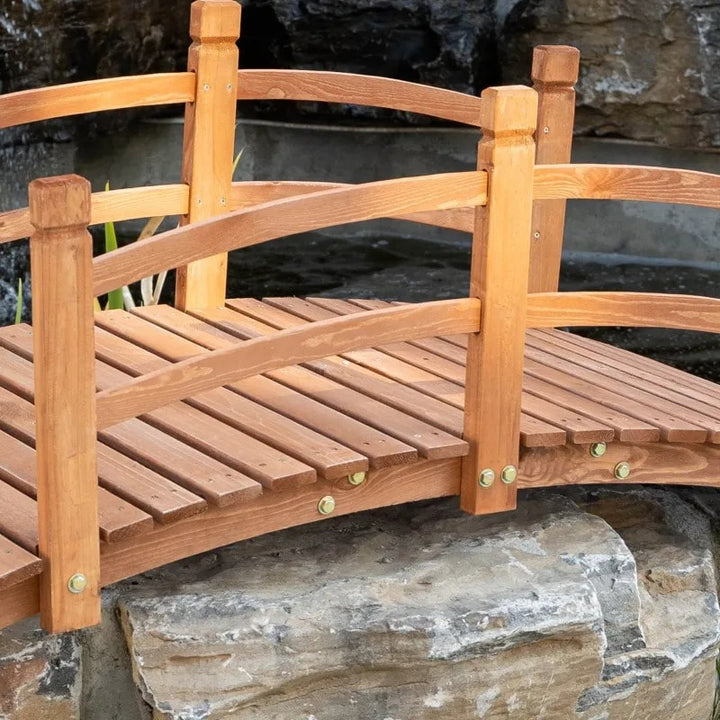 5ft Stained Fir Wood Garden Bridge Arc Walkway w Wood Guard Rails for Yard Pond Stream, Brown