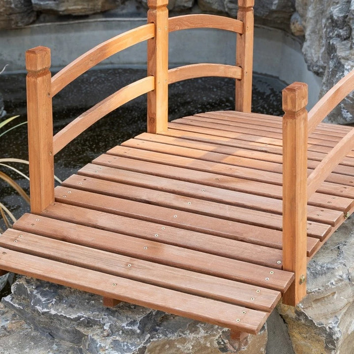 5ft Stained Fir Wood Garden Bridge Arc Walkway w Wood Guard Rails for Yard Pond Stream, Brown