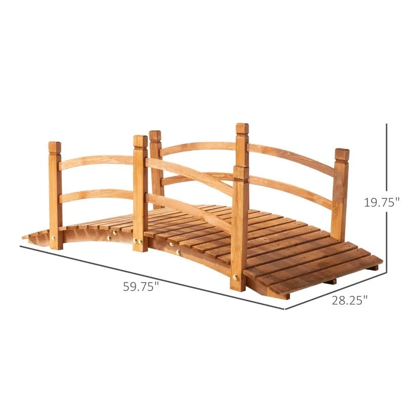 5ft Stained Fir Wood Garden Bridge Arc Walkway w Wood Guard Rails for Yard Pond Stream, Brown