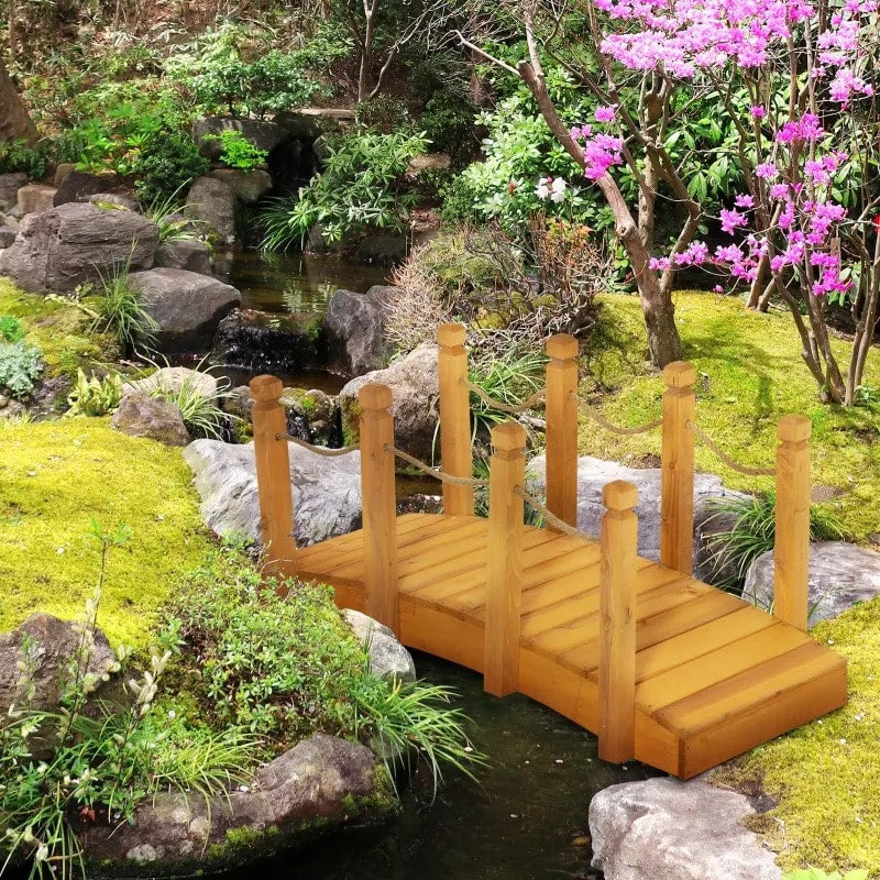 4ft Stained Fir Wood Garden Bridge Arc Walkway w Hemp Rope Rails for Yard, Pond, Stream, Brown