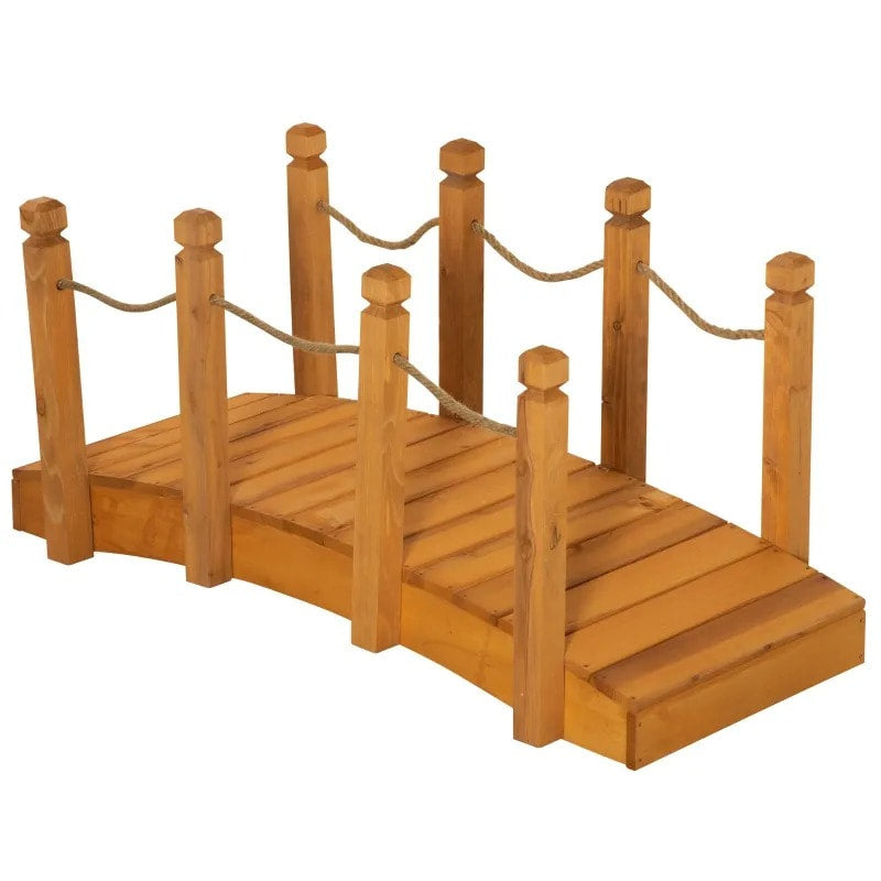 4ft Stained Fir Wood Garden Bridge Arc Walkway w Hemp Rope Rails for Yard, Pond, Stream, Brown