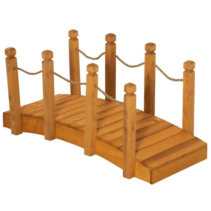 4ft Stained Fir Wood Garden Bridge Arc Walkway w Hemp Rope Rails for Yard, Pond, Stream, Brown