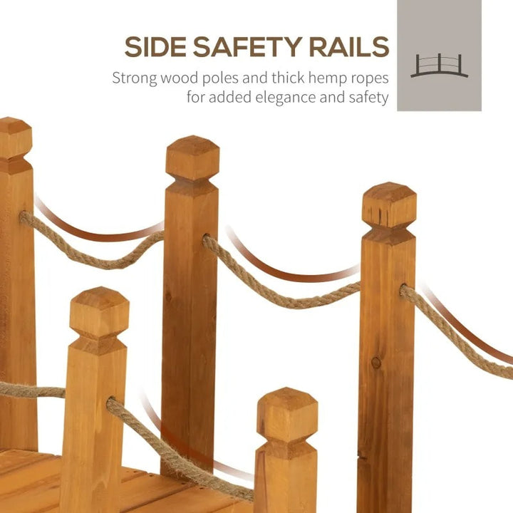 4ft Stained Fir Wood Garden Bridge Arc Walkway w Hemp Rope Rails for Yard, Pond, Stream, Brown