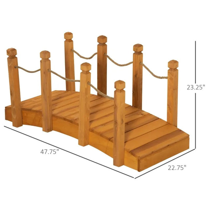 4ft Stained Fir Wood Garden Bridge Arc Walkway w Hemp Rope Rails for Yard, Pond, Stream, Brown