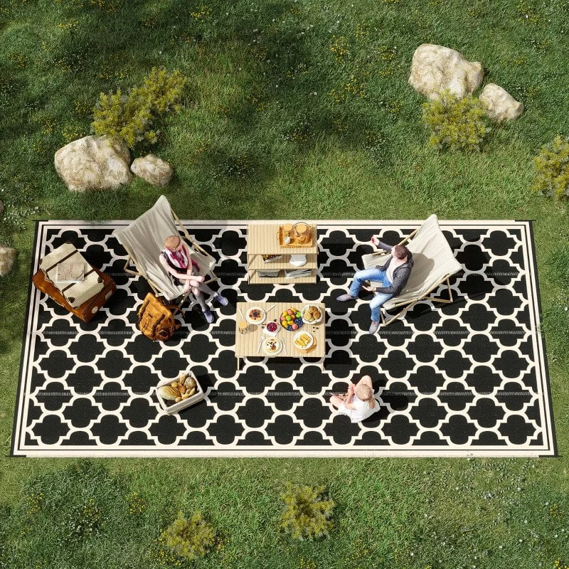 9' x 18' Reversible Plastic Woven Straw Rug Floor Mat Patio Deck RV Beach Picnic, Black & Beige