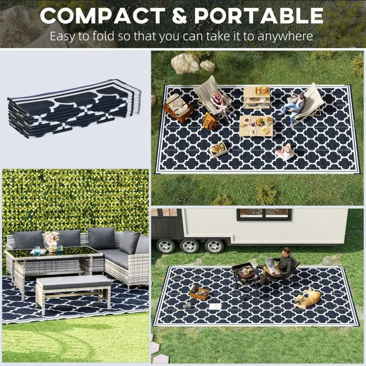 9' x 18' Reversible Plastic Woven Rug Floor Mat Patio Deck RV Beach Picnic, Navy Blue & White