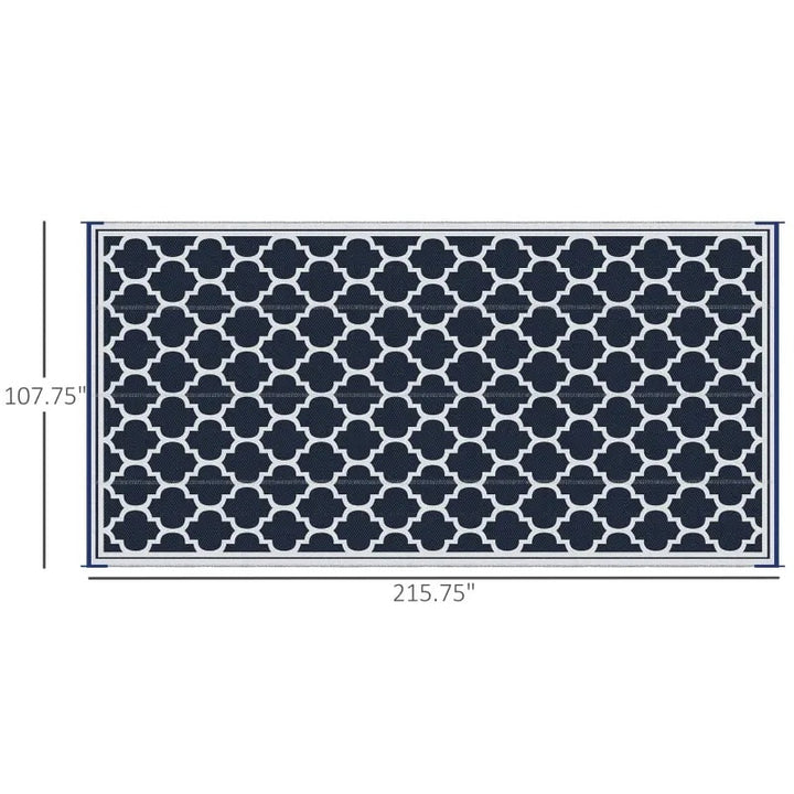 9' x 18' Reversible Plastic Woven Rug Floor Mat Patio Deck RV Beach Picnic, Navy Blue & White