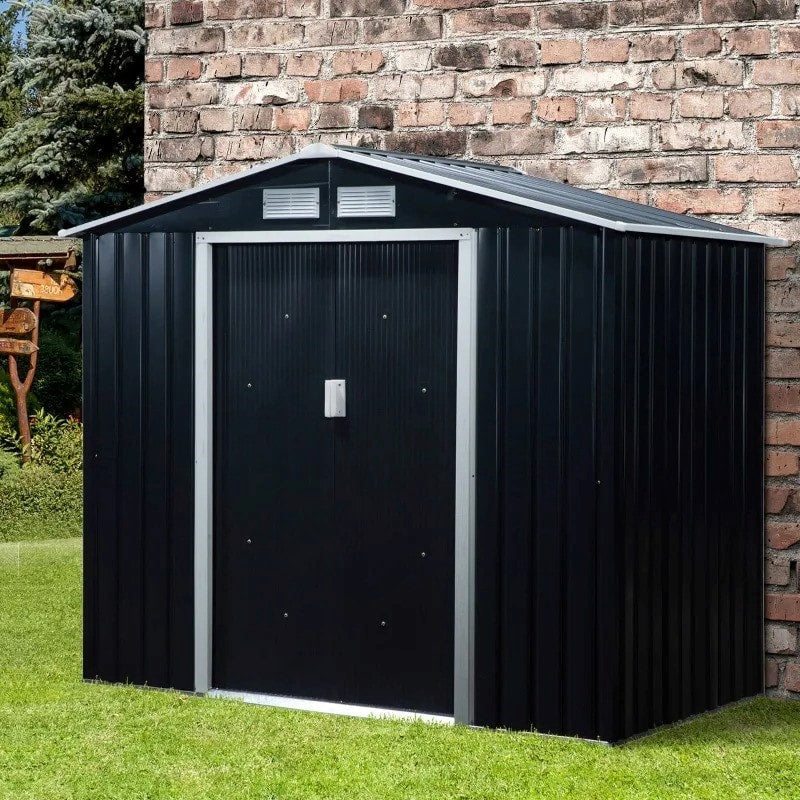 7’ x 4’ x 6’ Galv Steel Outdoor Storage Shed Organizer w Doors Patio Garden Backyard, Dark Grey